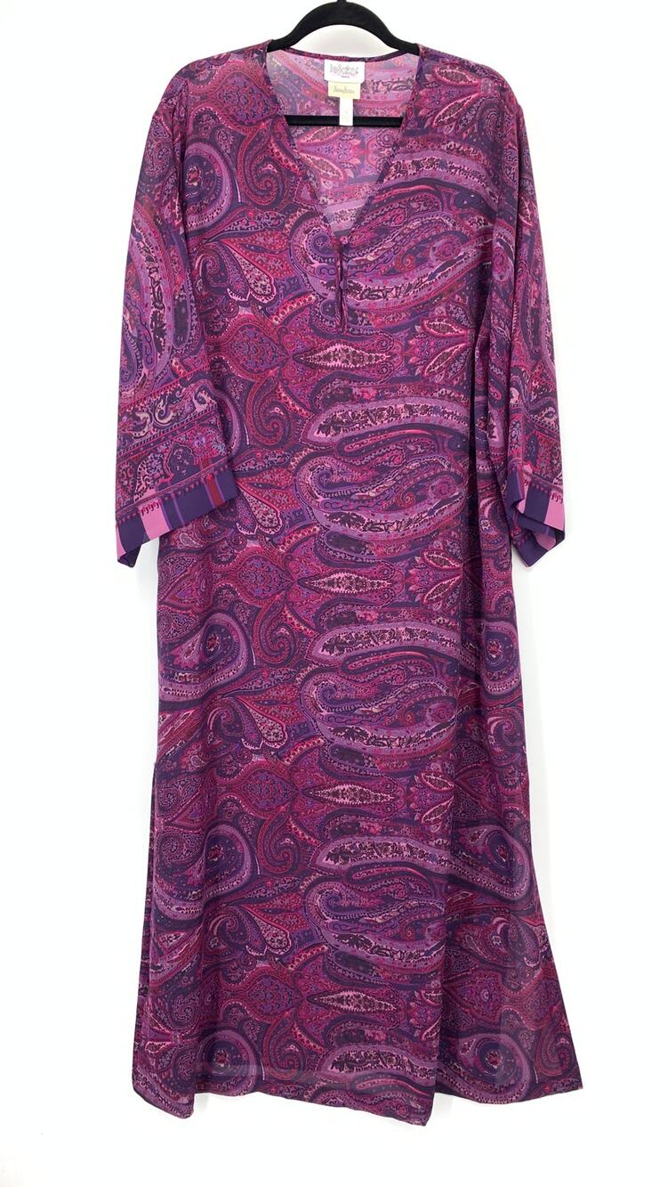 Lejaby Neiman Marcus Womens M Paisley Hostess Gown Purple Pink Lounge Caftan